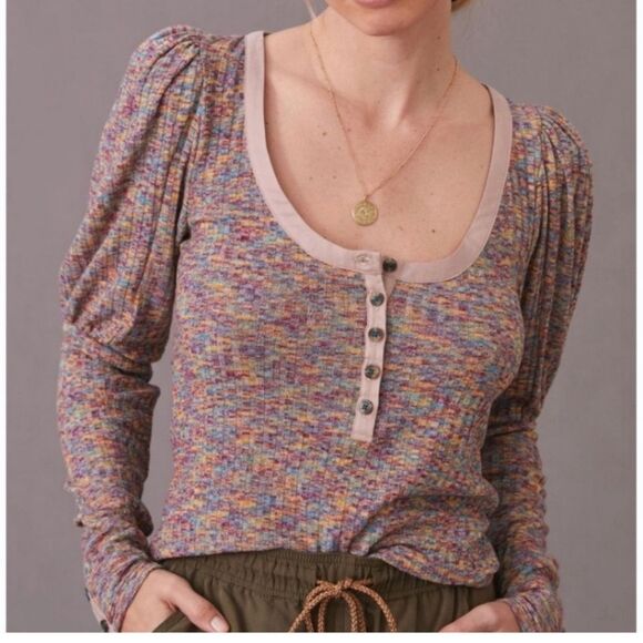 Anthropologie Tops - Anthropologie Multicolor Knit Henley Thermal Button-Down Puff Sleeve Top